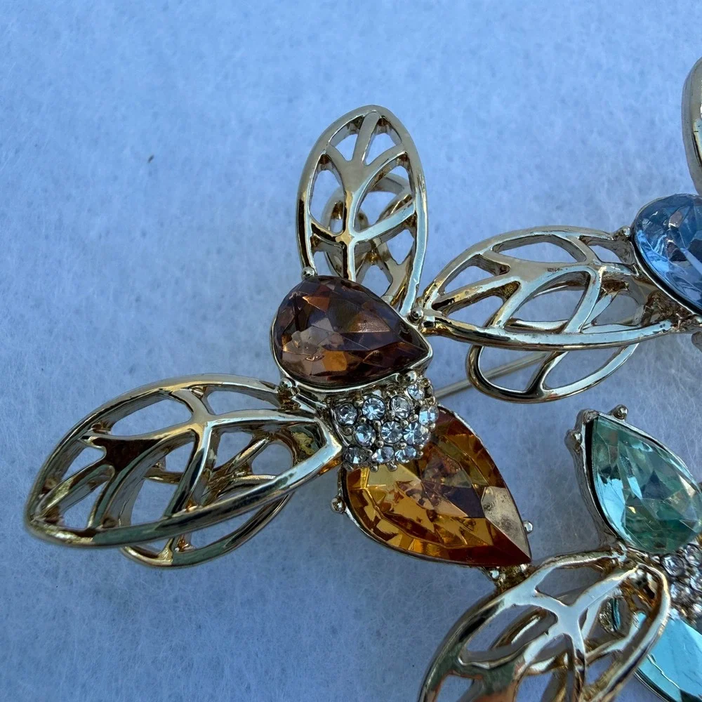 Large Triple Dragonfly Brooch Gold Tone Multicolor Rhinestone Statement Pin